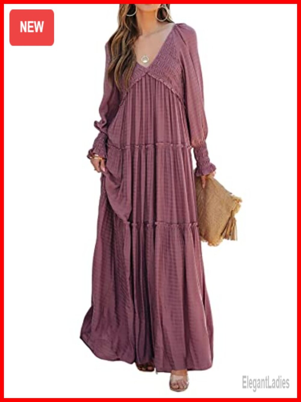 R.Vivimos Women Long Sleeve V Neck Flowy Polyester Maxi Dress